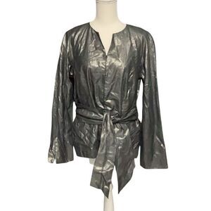 Dana Buchman Linen Silk Metallic Silver Lined Jacket Long Sleeve Belted Size 12